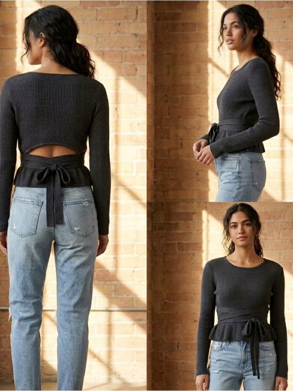 American Eagle Open Back Ribbed Knit Sweater Charcoal Gray L Large
